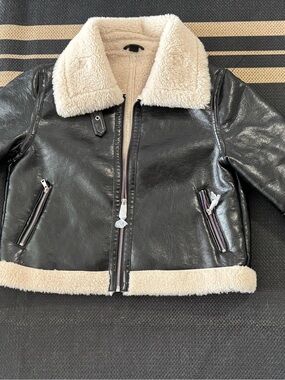 H&M Black Faux Leather Bomber Jacket with Cream Shearling Trim